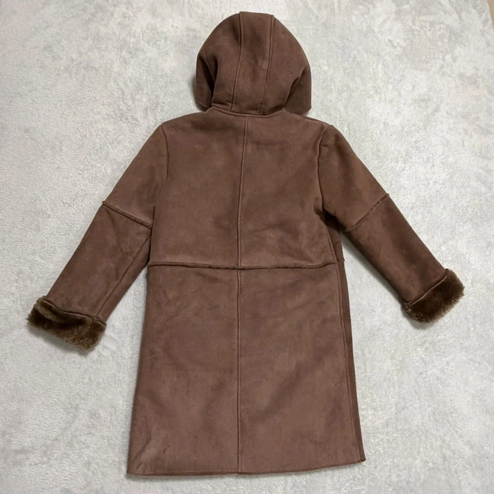 GAP Faux Shearling Hooded Coat Kids Size M 7-8 Brown Winter Jacket Faux Suede